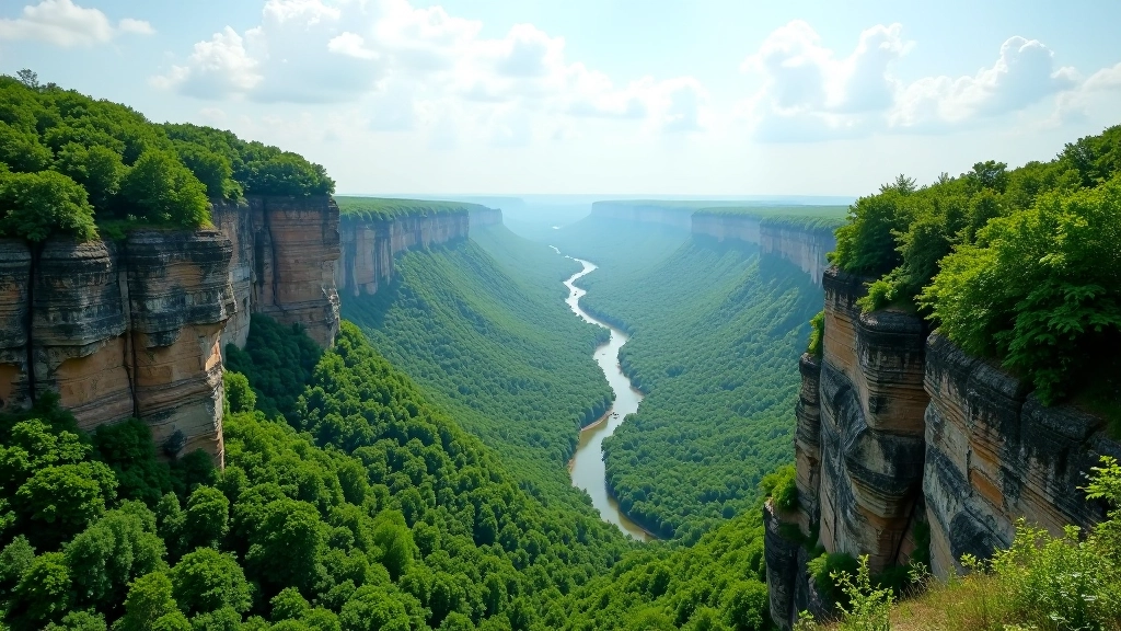 Skaista panorāma no Smilšakmens Klints virsotnes ar urcuyaya upi zemāk un zaļiem mežiem